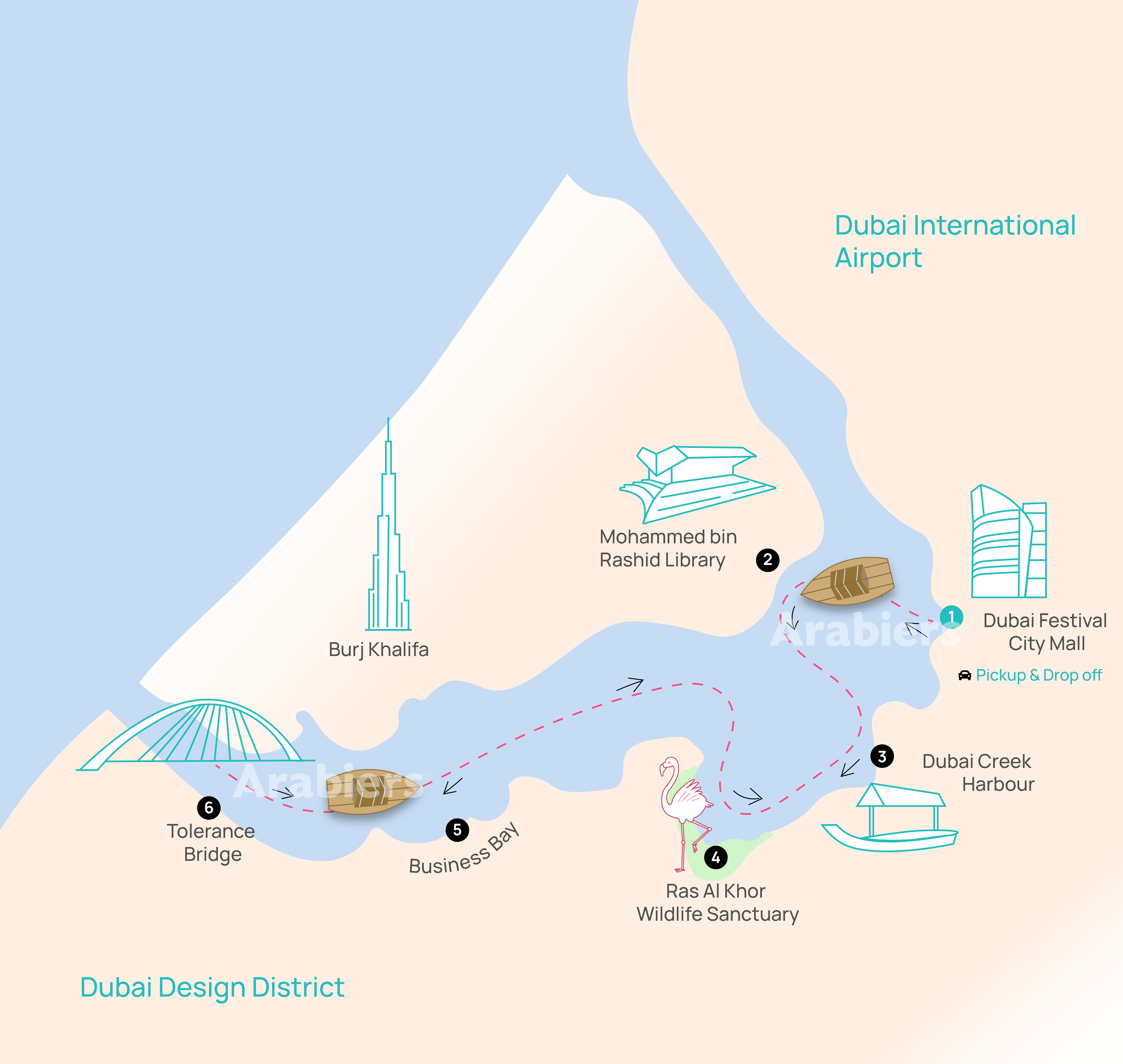 Dubai canal luxury  Boat cruising map infographic