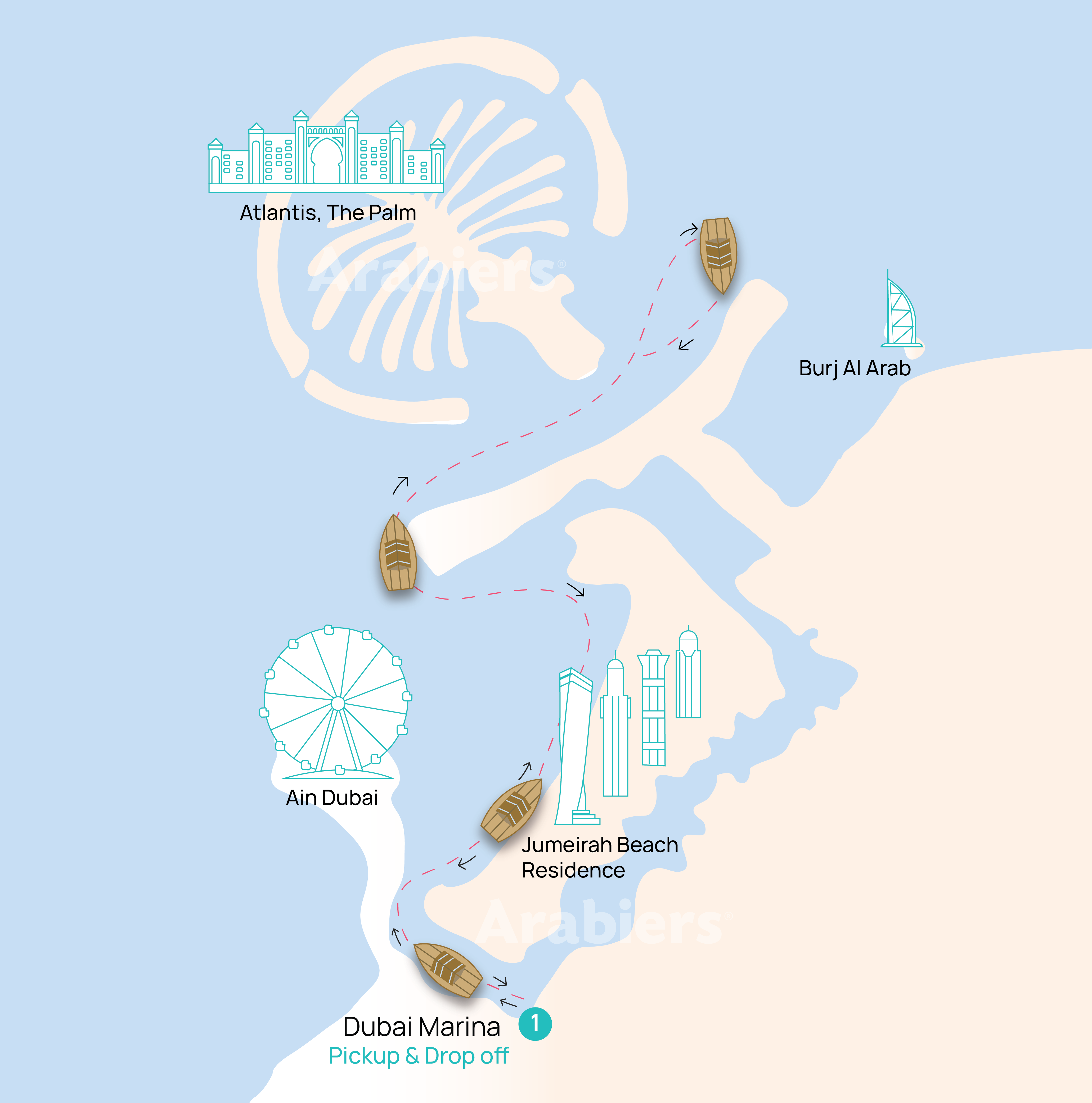 dubai marina dinner wooden boat tour map