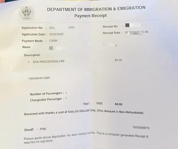 Image of a Payment Receipt Issued by the Issuing Counter at the SL Airport