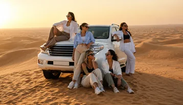 Guests relaxing beside a 4x4 at sunset during an Abu Dhabi premium evening desert safari