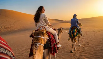Guests riding camels across golden dunes on an Abu Dhabi premium camel trekking tour