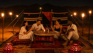 Guests relaxing around a traditional desert camp at night during a premium overnight stay in Abu Dhabi