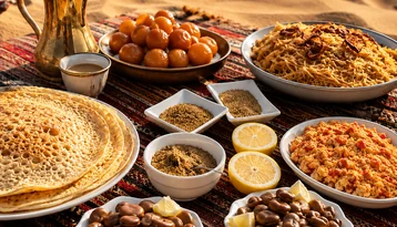Traditional Bedouin-style breakfast with Arabic coffee and local dishes served on a desert carpet in Abu Dhabi