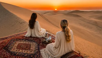 Guests seated on a desert carpet watching sunrise during a premium Abu Dhabi breakfast tour