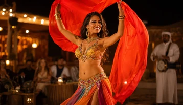 Belly dancer performing during an evening desert camp experience on a private overnight desert tour in Abu Dhabi