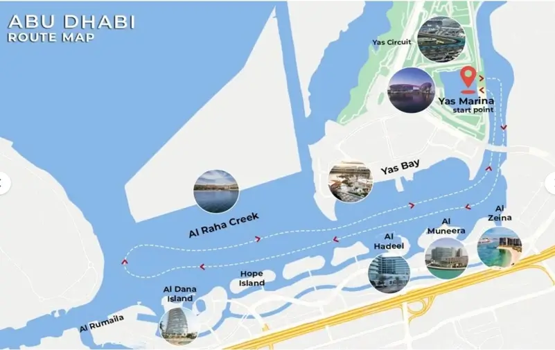 Abu Dhabi Dhow Cruise sailing Itinerary route map starting from Yas marina