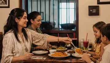 Family sharing traditional Emirati food during a cultural food tour in Abu Dhabi