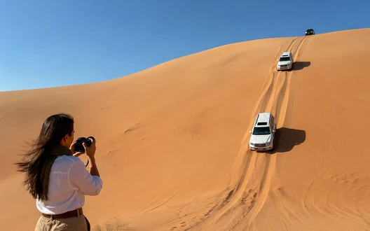 Sunset tea setup overlooking the Empty Quarter dunes on a Liwa desert tour