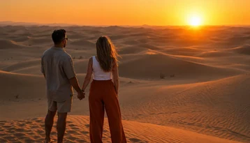 Couple watching the sunset during a premium Abu Dhabi evening desert tour