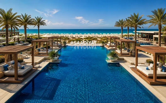 Beach resort, swimming pool and palm trees overlooking the coast of Saadiyat Island Abu Dhabi
