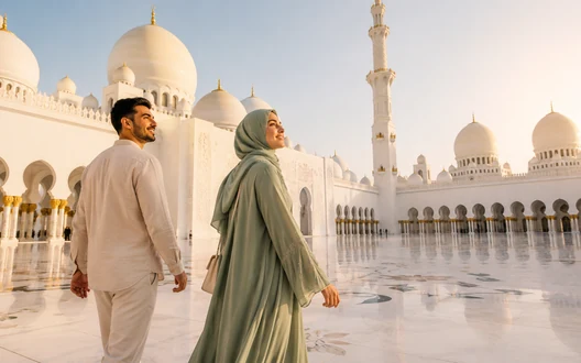 Visitors exploring the white marble courtyard of Sheikh Zayed Grand Mosque in Abu Dhabi
