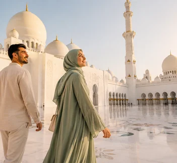 Travellers walking through Sheikh Zayed Grand Mosque in Abu Dhabi during a city tour, guide by Martin Muthugumi for Arabiers