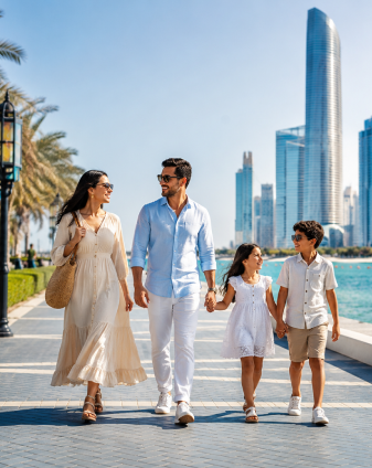 Family walking along Abu Dhabi waterfront with skyline in the background — Abu Dhabi Tourist Visa guide reviewed by Sohail Ahmed for Arabiers