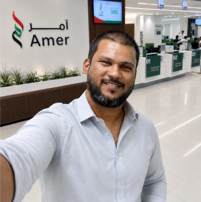 Sohail Ahmed at an Amer government service centre in Dubai, the official GDRFA channel he uses to process UAE visit visas and residency applications for Arabiers