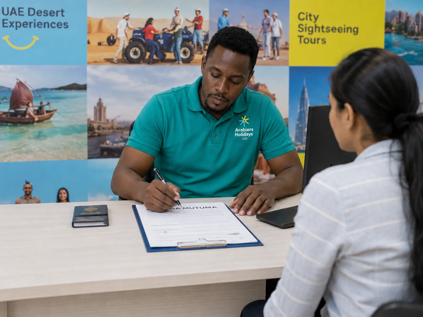 Consultant guiding a client through visa biometrics and appointments at Arabiers Dubai