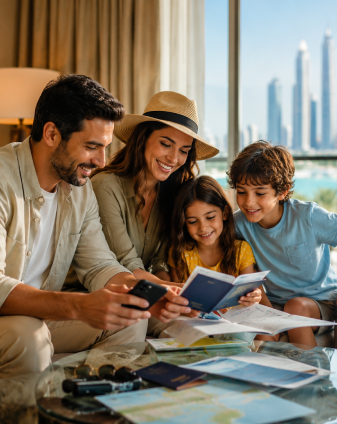 Family checking passports and travel documents in a Dubai hotel room — Dubai Express Visa guide reviewed by Sohail Ahmed for Arabiers