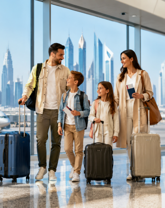 Family with luggage at a UAE airport terminal — UAE Multiple-Entry Visa guide reviewed by Sohail Ahmed for Arabiers