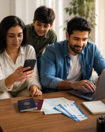 Family reviewing visa documents and travel details on a laptop — Urgent UAE Visa guide reviewed by Sohail Ahmed for Arabiers