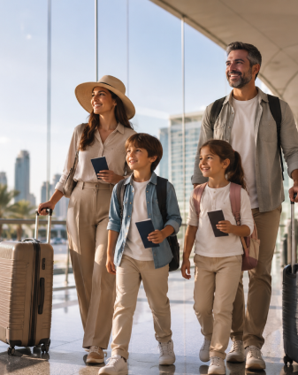 Family arriving at Dubai airport with luggage and passports — UAE Visa Extension guide reviewed by Sohail Ahmed for Arabiers