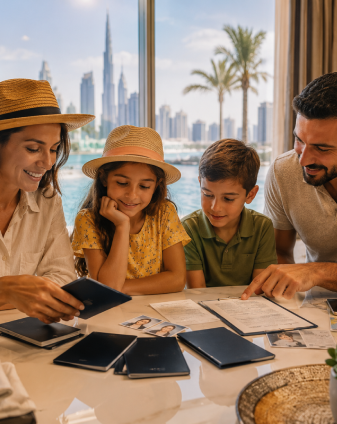 Family checking passports, visa papers and travel documents in Dubai — Dubai Golden Visa guide reviewed by Sohail Ahmed for Arabiers