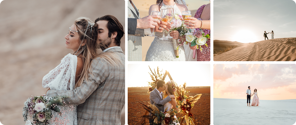 Romantic desert wedding moments in Dubai and Abu Dhabi featuring couples on golden sand dunes, floral ceremony arch and sunset celebrations