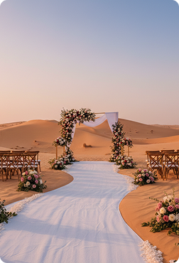 Private dune desert wedding ceremony setup in Dubai with curved white aisle and floral arch at sunset