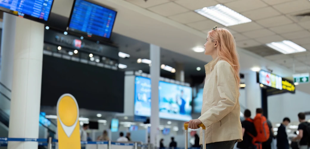 Traveller with luggage checking flight information at airport departures