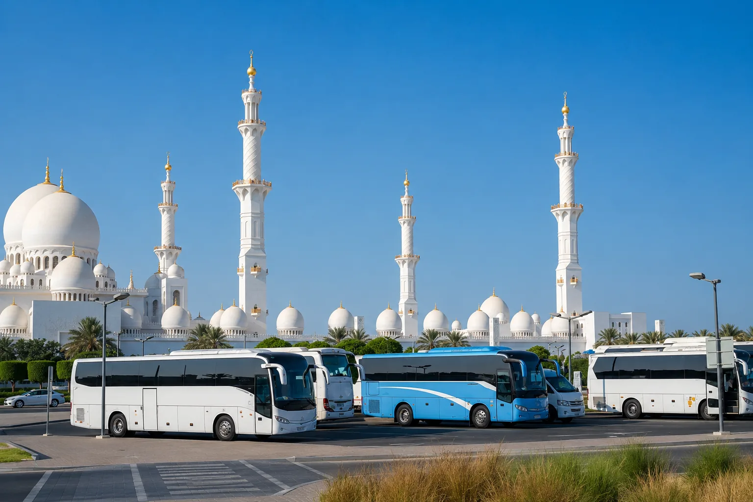 Arabiers coach for bus rental in Abu Dhabi with driver near Sheikh Zayed Grand Mosque