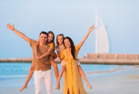 Cultural tour group with Arabiers bus in Abu Dhabi