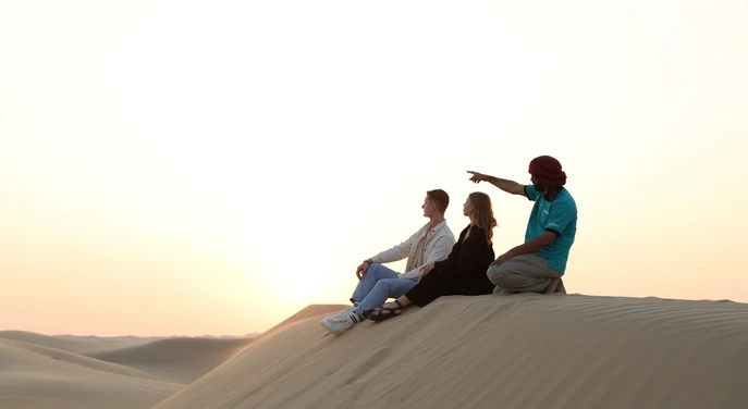 Guide and travellers resting on a dune during an Abu Dhabi desert tour