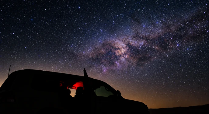 Private 4x4 parked beneath the Milky Way in the Al Quaa desert