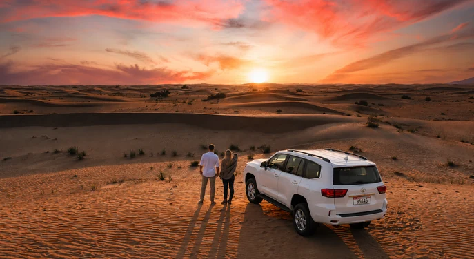 Couple watching sunset beside a private 4x4 in the Abu Dhabi desert