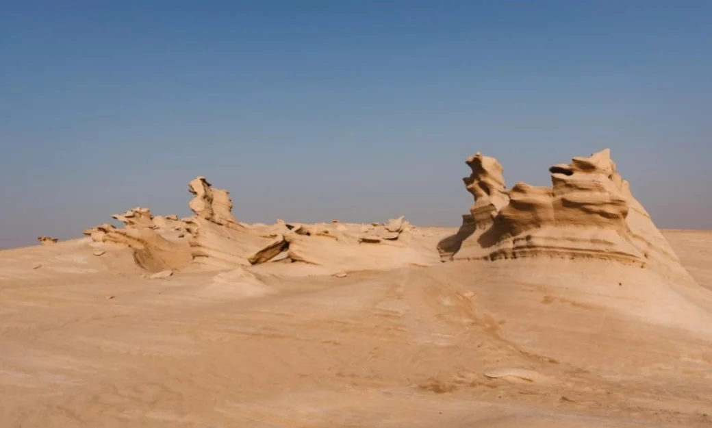 Wide view of the protected Al Wathba fossil dune formations
