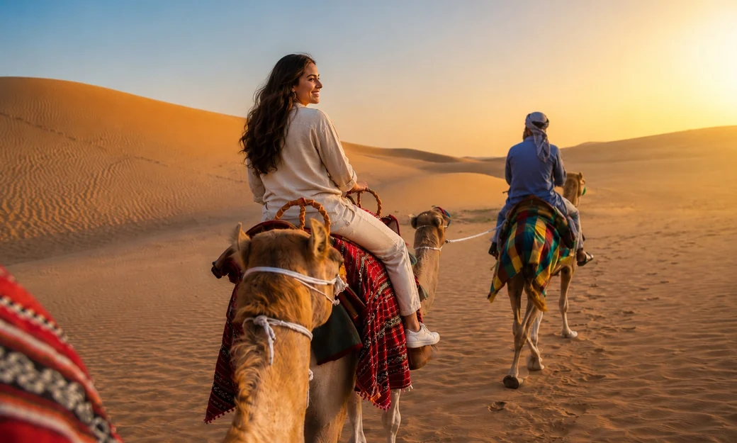 Traveller riding a camel across the Abu Dhabi dunes at sunset