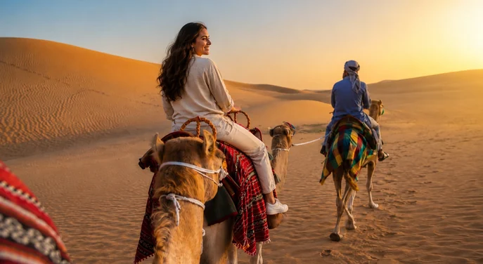 Traveller riding a camel across the Abu Dhabi dunes at sunset