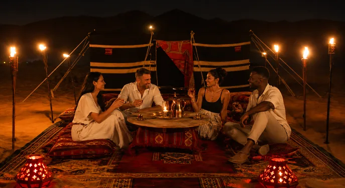 Guests sharing Arabic coffee at a private Bedouin tent in the desert