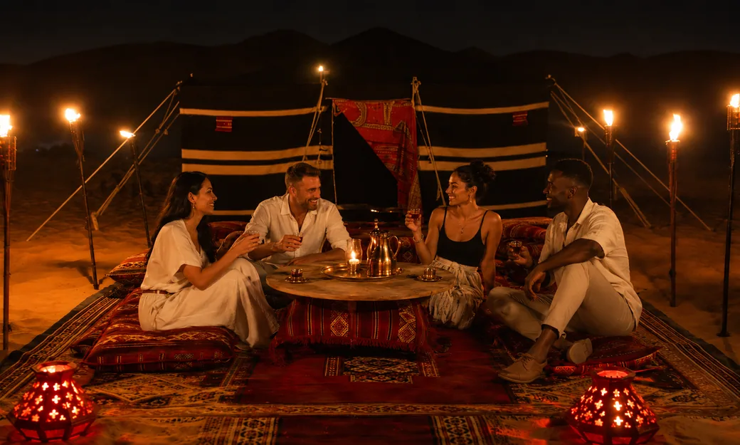 Guests sharing Arabic coffee at a private Bedouin tent in the desert
