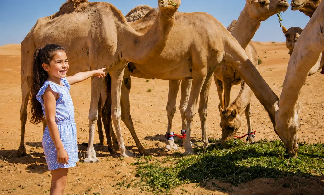 Child meeting calm camels at an Abu Dhabi desert camel farm