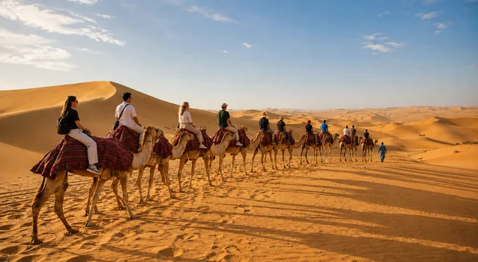 Guided camel trekking caravan crossing the Abu Dhabi desert dunes