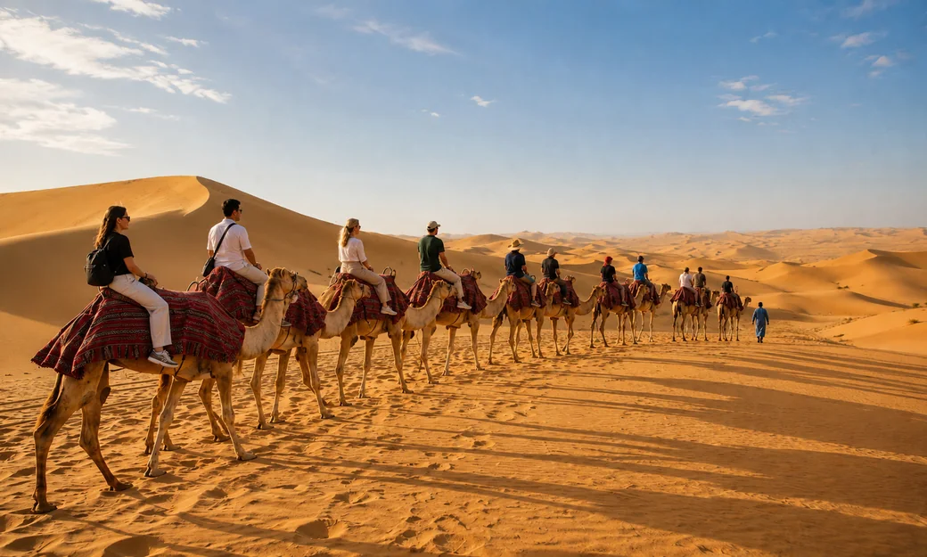 Guided camel trekking caravan crossing the Abu Dhabi desert dunes