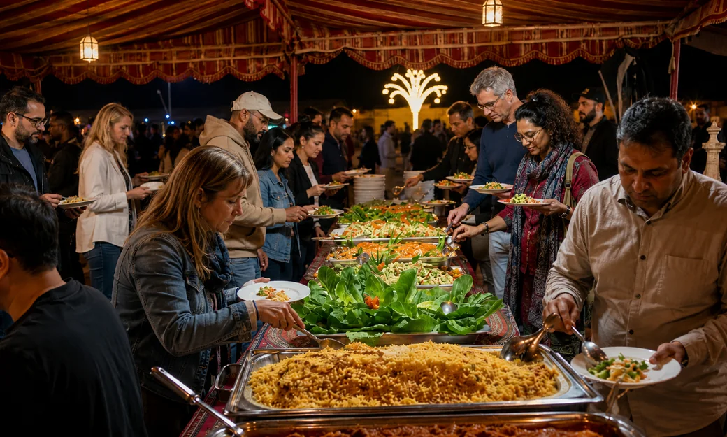 Visitors serving dinner at the Abu Dhabi desert camp buffet