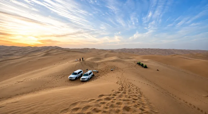 Private 4x4 vehicles and tents at an Abu Dhabi desert campsite