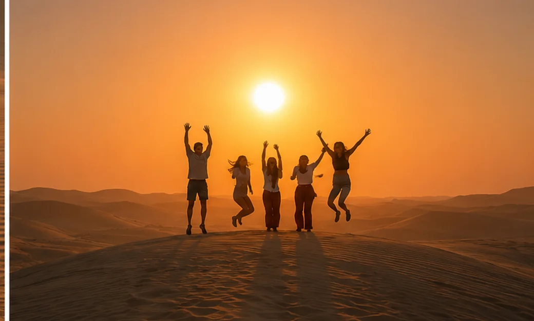 Group of travellers jumping on the Abu Dhabi dunes during sunset
