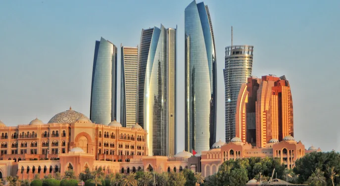 Emirates Palace and Abu Dhabi skyline viewed from the waterfront