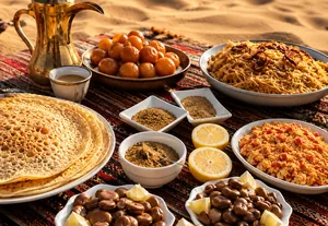 Authentic Emirati breakfast spread served in the Abu Dhabi desert