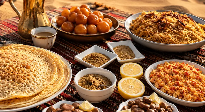 Authentic Emirati breakfast spread served on a desert carpet in Abu Dhabi