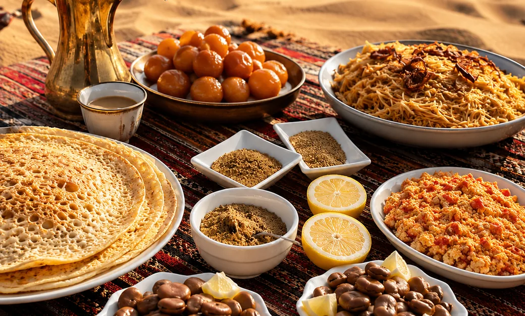 Authentic Emirati breakfast spread served on a desert carpet in Abu Dhabi