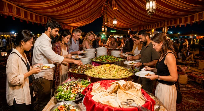 Guests choosing halal dishes from the evening desert safari BBQ buffet