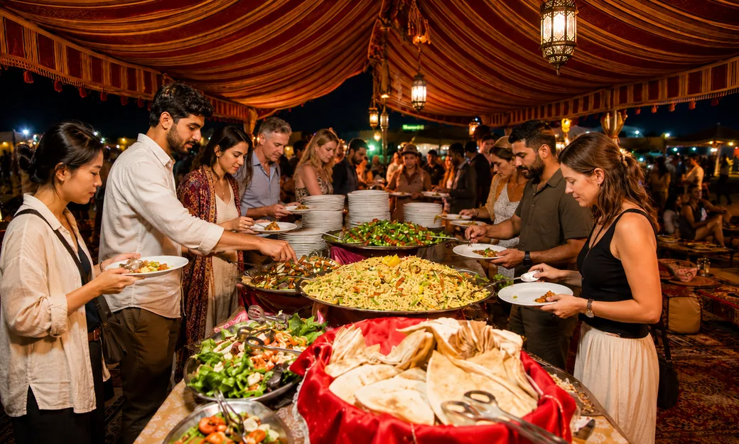 Guests choosing halal dishes from the evening desert safari BBQ buffet
