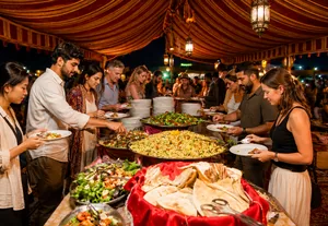 Guests choosing halal dishes from an Abu Dhabi desert safari BBQ buffet